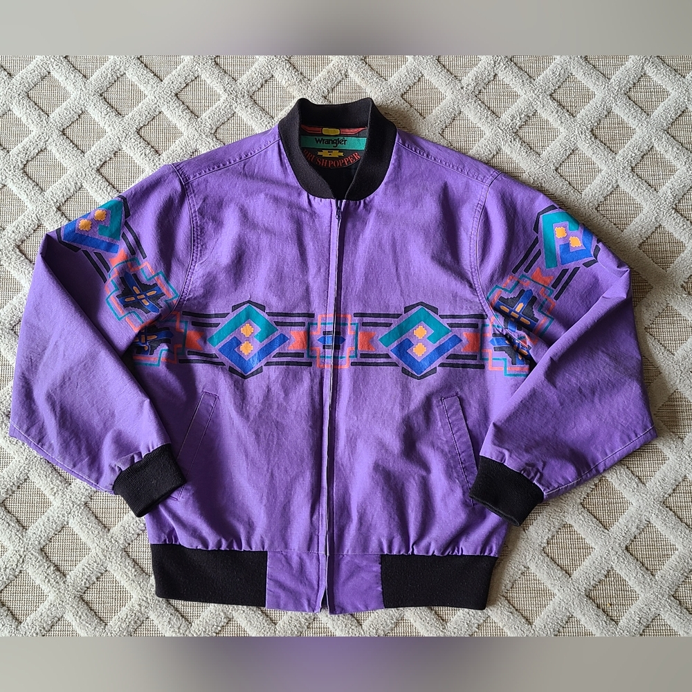 Wrangler Purple Bomber Jacket with Turquoise & Pink Geometric Print